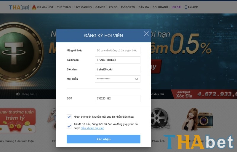 Đăng ký tài khoản và nạp tiền vào THABET chỉ với vài phút