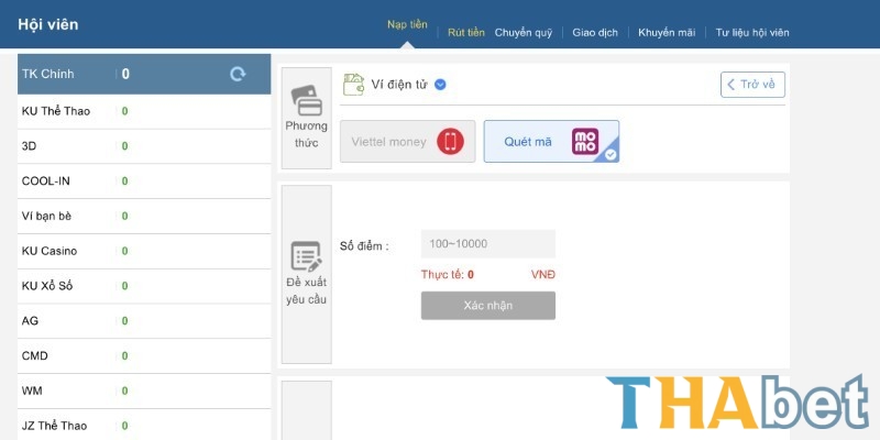 Nạp tiền THABET qua ví điện tử