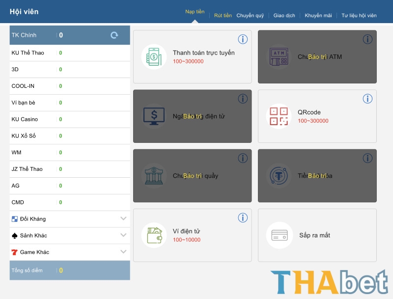 Các hình thức nạp tiền vào tài khoản THABET