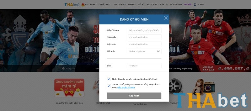 Đăng ký tài khoản THABET và nạp rút 1:1