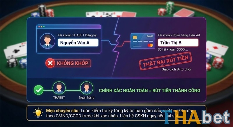 Tài khoản THABET bị khóa chức năng rút tiền do thông tin liên kết ngân hàng không trùng khớp