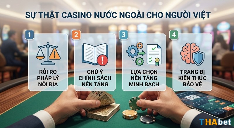 Quy trình 4 bước giúp người chơi Việt nhận diện rủi ro pháp lý khi tham gia casino quốc tế, đồng thời biết cách chọn nền tảng uy tín và chủ động bảo vệ quyền lợi cá nhân