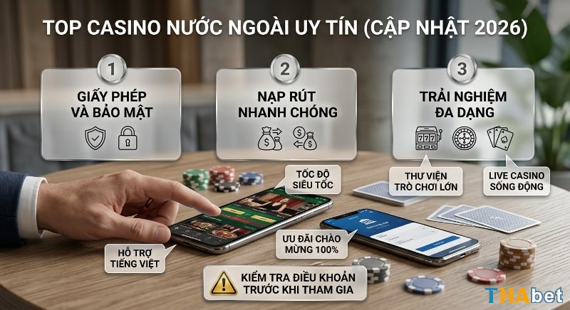 3 tiêu chí chọn casino nước ngoài uy tín 2026: giấy phép, nạp rút nhanh, trải nghiệm game đa dạng, hỗ trợ tiếng Việt và ưu đãi 100% trong casino nước ngoài cho người Việt