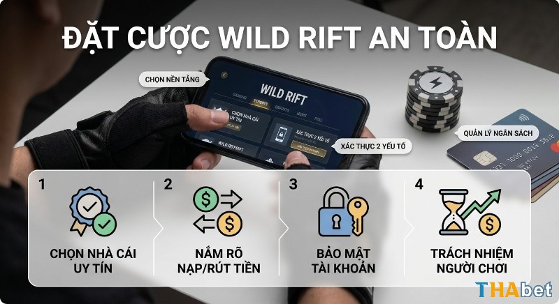 Quy trình 4 bước đặt cược Wild Rift là gì an toàn gồm chọn nhà cái uy tín, nắm rõ nạp/rút, bảo mật tài khoản và trách nhiệm người chơi