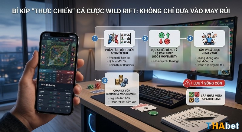 Quy trình 4 bước và lưu ý sống còn giúp cá cược Wild Rift là gì thực chiến, với phân tích đội, quản lý vốn, đọc kèo và tâm lý vững vàng