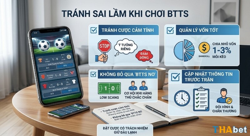 Checklist tránh sai lầm, kèo BTTS: quản lý vốn 1-3%, cập nhật thông tin, không bỏ qua BTTS No và tránh cảm tính