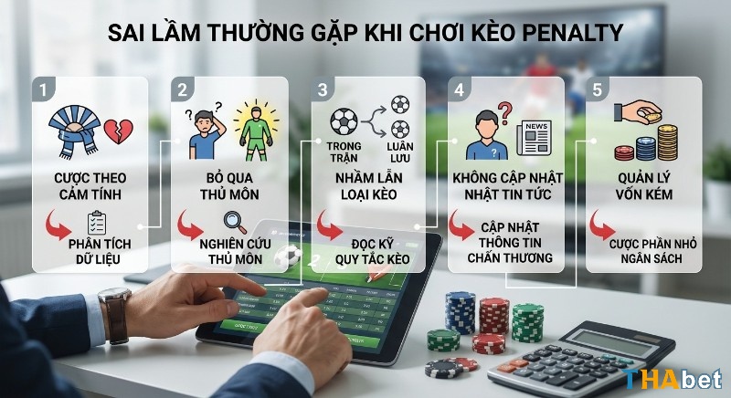 Tổng hợp 5 sai lầm cần tránh khi chơi kèo penalty là gì, bao gồm cược theo cảm tính, bỏ qua thông tin thủ môn, nhầm lẫn kèo, và quản lý vốn kém