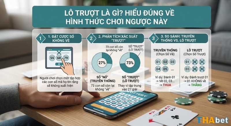 Sơ đồ giải thích lô trượt là gì qua 3 bước: đặt cược số không về, phân tích xác suất và so sánh cách chơi với lô truyền thống