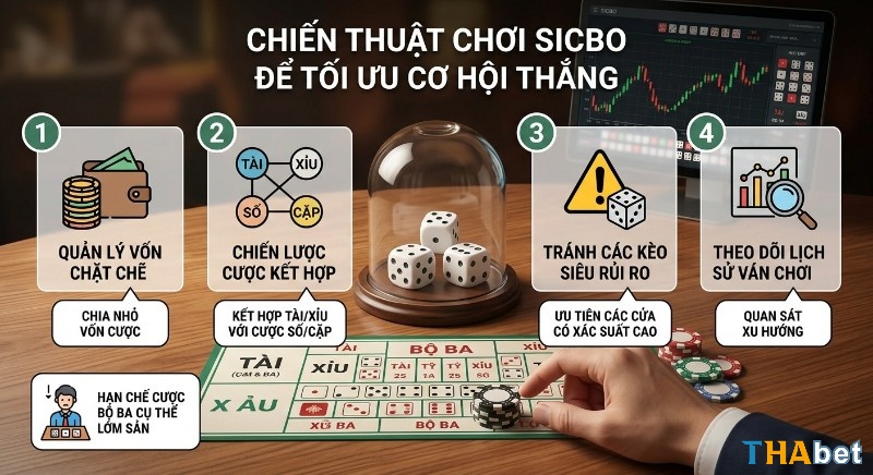 Checklist chiến thuật chơi Sicbo giúp tối ưu cơ hội thắng qua 4 bước: quản lý vốn, kết hợp cược, tránh kèo rủi ro và theo dõi lịch sử