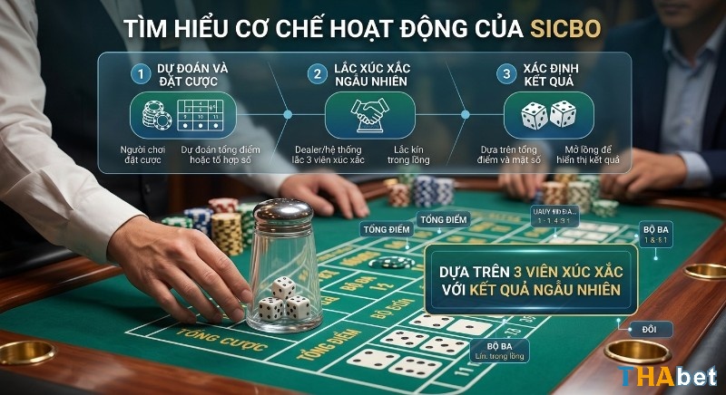 Cơ chế 3 bước hoạt động của luật chơi sicbo, hướng dẫn người chơi đặt cược và lắc 3 viên xúc xắc để xác định kết quả ngẫu nhiên
