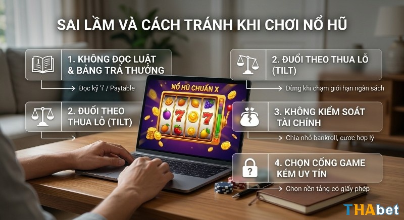 Checklist 4 sai lầm thường gặp và cách tránh khi chơi Nổ hũ Jackpot, tập trung vào quản lý tài chính và chọn cổng game uy tín