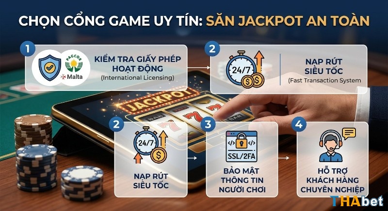 Checklist 4 tiêu chí chọn cổng game uy tín săn Jackpot an toàn: giấy phép, nạp rút siêu tốc, bảo mật và hỗ trợ chuyên nghiệp