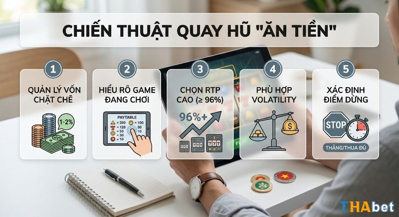 Quy trình 5 bước chiến thuật quay hũ "ăn tiền" gồm quản lý vốn 1-2%, hiểu game, chọn RTP cao (≥96%) và biết điểm dừng