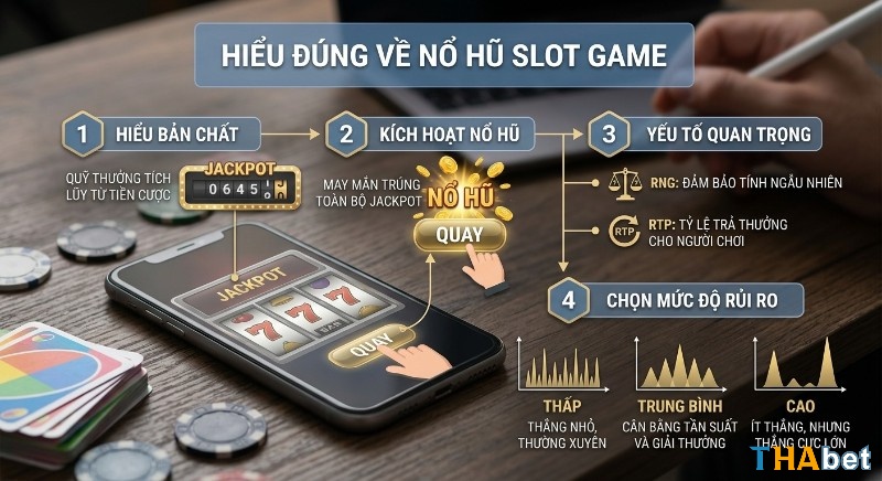 Quy trình 4 bước giúp hiểu đúng nổ hũ slot game, làm rõ bản chất, kích hoạt, yếu tố RNG, RTP và mức độ rủi ro