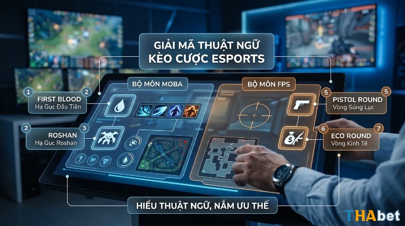 Giải mã thuật ngữ kèo cược eSports, phân tích các khái niệm First Blood, Roshan trong MOBA và Pistol Round, Eco Round trong FPS, trên giao diện kỹ thuật số