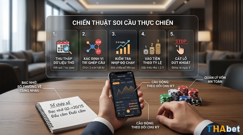 Chiến thuật soi cầu thực chiến 5 bước cách chơi lô đề miền Trung: thu thập dữ liệu, ghép cầu, kiểm tra nhịp, vào tiền theo tỷ lệ, cắt lỗ