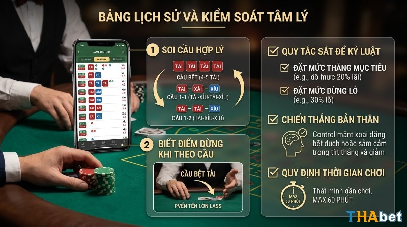 Đọc vị bảng lịch sử, và kiểm soát tâm lý khi chơi cá cược, phân tích các dạng cầu bệt, 1-1, 1-2 trên điện thoại và tuân thủ quy tắc thắng/thua/thời gian