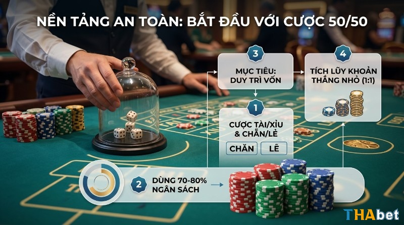 Cách đặt cược sicbo hiệu quả an toàn với cược 50/50: người chơi lắc xúc xắc, dùng 70-80% ngân sách vào Tài/Xỉu, Chẵn/Lẻ để duy trì vốn và tích lũy thắng nhỏ 1:1