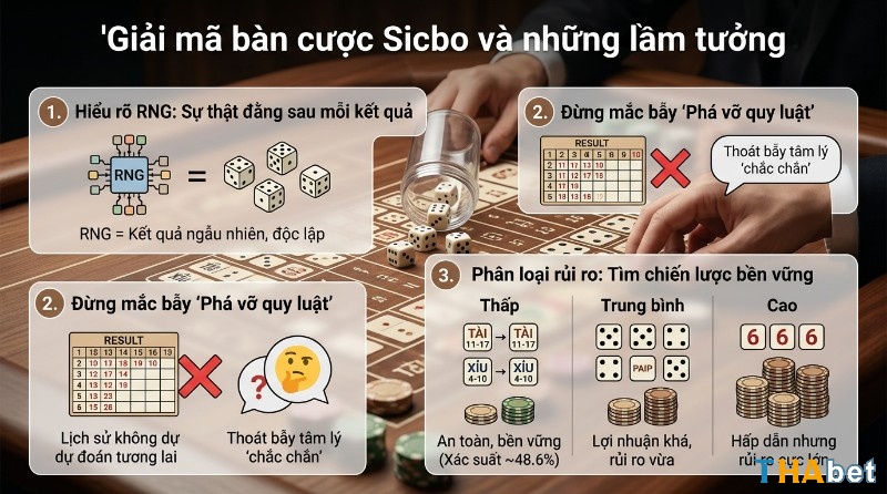 Giải mã bàn cược Sicbo, hiểu RNG tạo kết quả ngẫu nhiên, tránh bẫy tâm lý 'chắc chắn' và phân loại rủi ro cược Thấp (Tài/Xỉu), Trung bình, Cao (Bộ Ba)
