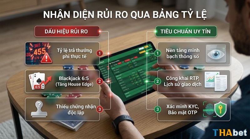 Nhận diện rủi ro qua bảng tỷ lệ: trả thưởng phi thực tế, thiếu chứng nhận độc lập. Nền tảng uy tín minh bạch, công khai RTP, xác minh KYC