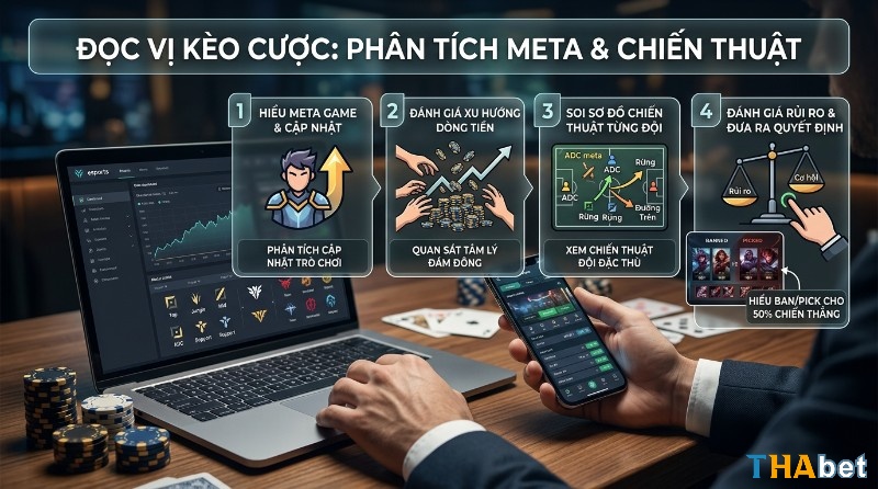 Đọc vị kèo cược esports bằng cách phân tích meta game, xu hướng dòng tiền, sơ đồ chiến thuật đội và đánh giá rủi ro, cơ hội từ giai đoạn cấm chọn