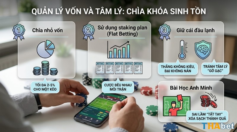 Quản lý vốn và tâm lý sinh tồn: chia nhỏ vốn 2-5% mỗi kèo, flat betting cược đều, giữ cái đầu lạnh tránh gỡ gạc, rút kinh nghiệm từ sai lầm tất tay