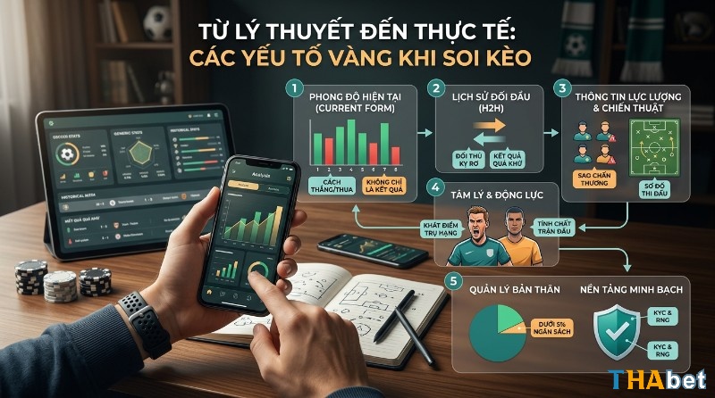 Các yếu tố vàng khi soi kèo: phân tích phong độ, lịch sử đối đầu, lực lượng, tâm lý, quản lý rủi ro dưới 5% ngân sách và chọn nền tảng minh bạch