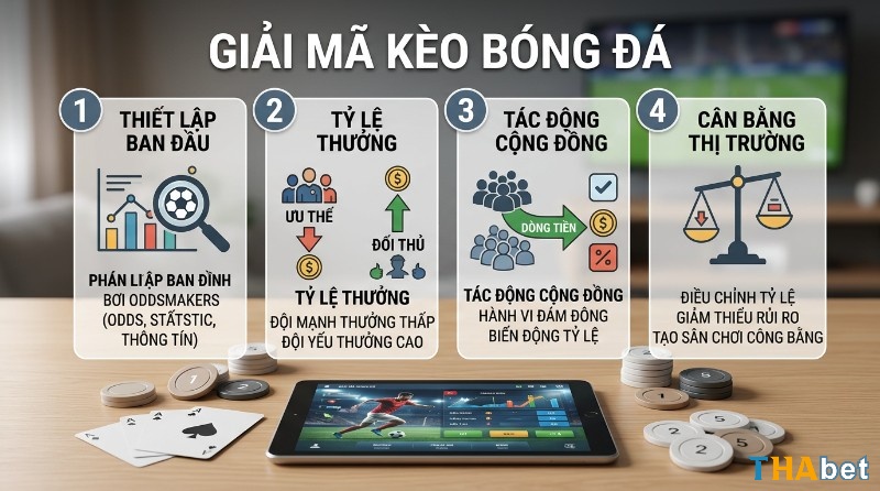Giải mã kèo bóng đá là gì qua 4 bước: thiết lập ban đầu bởi oddsmakers, tỷ lệ thưởng, tác động cộng đồng và cân bằng thị trường, hiển thị trên tablet cùng chip và bài