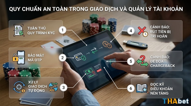 Quy chuẩn an toàn giao dịch và quản lý tài khoản: tuân thủ KYC, bảo mật OTP, xử lý tự động, cảnh báo rút tiền chậm, đe dọa chargeback, đọc điều khoản nền tảng