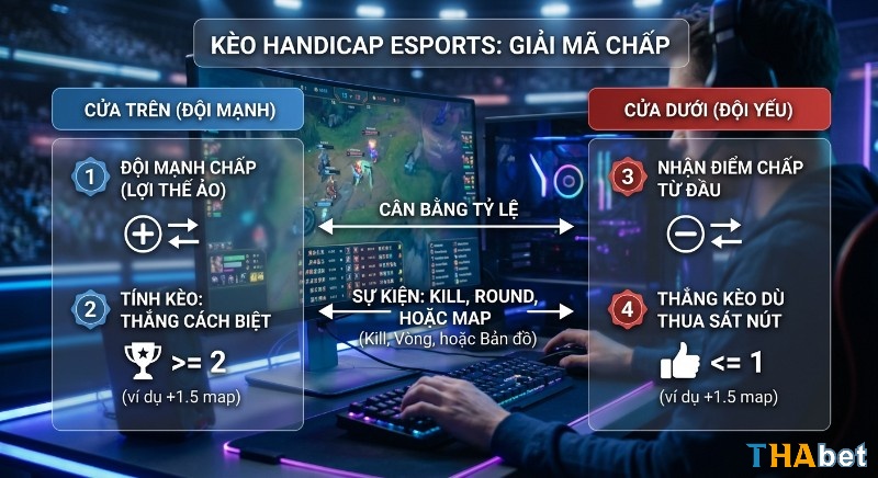 Hướng dẫn chi tiết kèo Handicap eSports, giải mã cách đội mạnh chấp lợi thế ảo và đội yếu nhận điểm chấp dựa trên kill, round, map