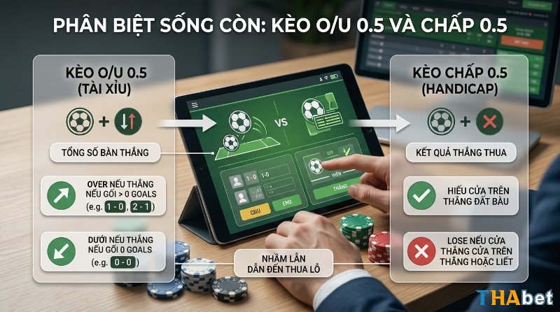 Phân biệt kèo O/U 0.5 là gì (Tài Xỉu) dựa tổng bàn thắng và kèo chấp 0.5 (Handicap) dựa kết quả thắng thua, tránh thua lỗ khi cá cược bóng đá trên tablet
