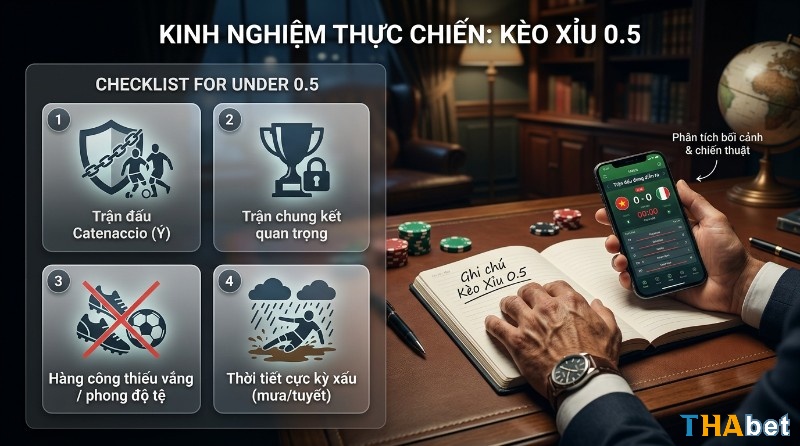 Kinh nghiệm đánh kèo Xỉu 0.5 thực tế cùng checklist nhận diện, các trận đấu dễ về Xỉu như thế trận Catenaccio, chung kết căng thẳng, hàng công thiếu hiệu quả hoặc thời tiết bất lợi