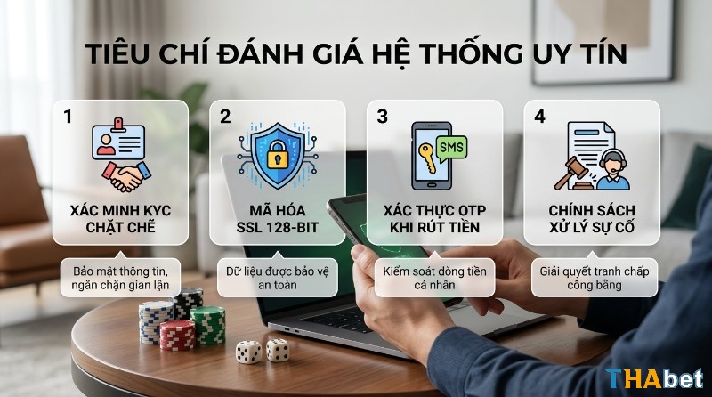 Tiêu chí đánh giá hệ thống uy tín: xác minh KYC, mã hóa SSL 128-bit, xác thực OTP khi rút tiền và chính sách xử lý sự cố rõ ràng