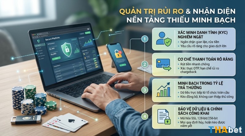 Quản trị rủi ro và nhận diện nền tảng thiếu minh bạch với laptop hiển thị giao diện bảo mật, điện thoại khóa, chip poker, bài tây cùng 4 tiêu chí KYC, thanh toán, trả thưởng, bảo vệ dữ liệu