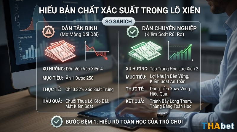 So sánh xác suất kinh nghiệm chơi lô xiên: tân binh dồn vốn xiên 4 (0.32% trúng) thua lỗ, chuyên nghiệp tập trung xiên 2 kiểm soát rủi ro, lợi nhuận bền vững
