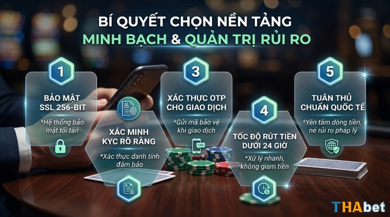 Bí quyết chọn nền tảng minh bạch, quản trị rủi ro: bảo mật SSL 256-bit, KYC, OTP, rút tiền dưới 24 giờ, tuân thủ quốc tế