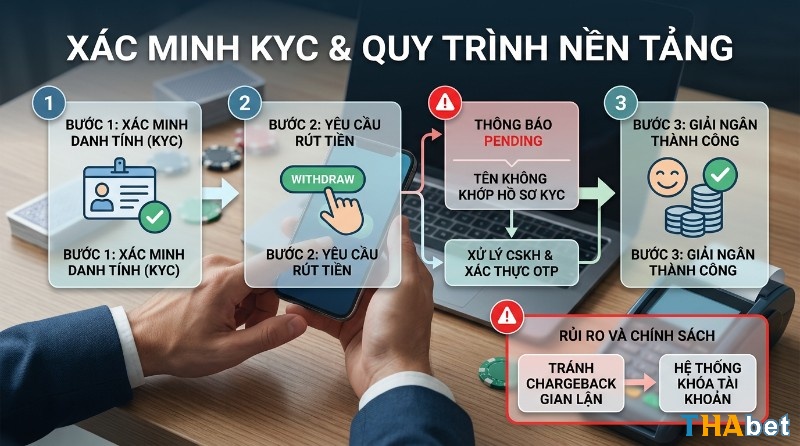 Quy trình bảo mật KYC, xử lý rút tiền pending do tên không khớp, giải ngân thành công sau xác thực OTP và cảnh báo tránh chargeback gian lận