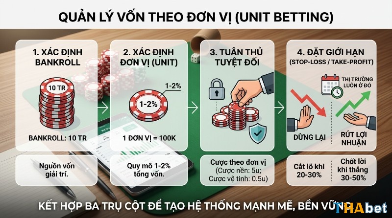 Quản lý vốn theo đơn vị tập trung vào việc chia bankroll hợp lý, giữ mức cược ổn định và đặt sẵn mốc cắt lỗ – chốt lời để kiểm soát rủi ro tốt hơn