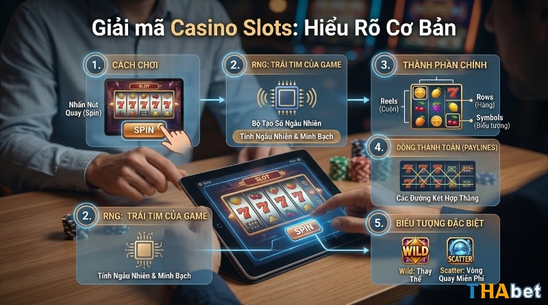 Giải mã Casino Slots là gì: Hướng dẫn chơi game slot với các bước từ nhấn Spin, RNG, cuộn, hàng, dòng thanh toán, đến biểu tượng Wild và Scatter.