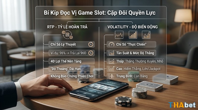 Bí kíp đọc vị game casino slots là gì: RTP lý thuyết và Volatility (độ biến động thực chiến). Volatility thấp (thường xuyên, nhỏ), cao (hiếm, lớn/jackpot), trung bình
