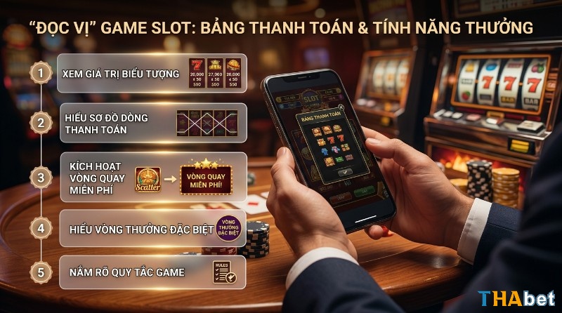 Đọc bảng thanh toán và tính năng thưởng game casino slots là gì trên điện thoại, hiển thị giá trị biểu tượng, dòng thanh toán, vòng quay miễn phí, vòng thưởng và quy tắc game