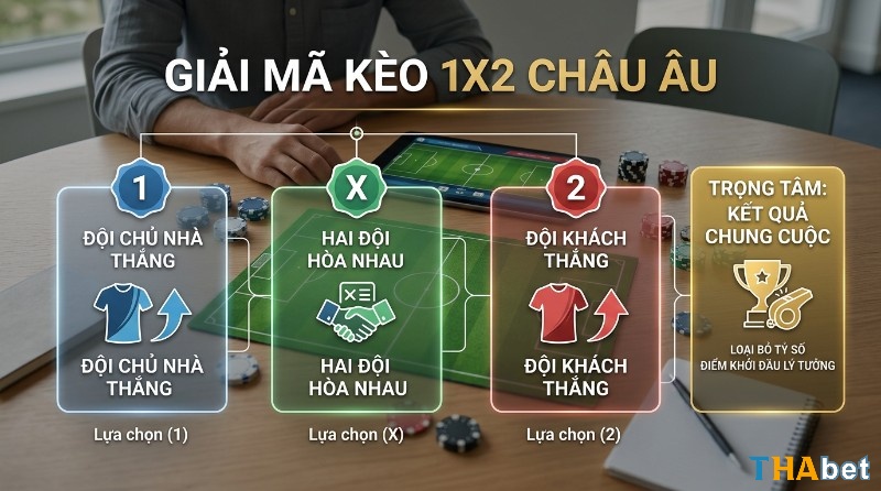 Giải mã kèo 1x2 là gì Châu Âu: người chơi chọn đội chủ nhà thắng (1), hòa (X), hoặc đội khách thắng (2), tập trung vào kết quả cuối cùng