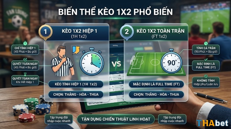 Các biến thể kèo 1x2 là gì phổ biến: Kèo Hiệp 1 (1H 1x2) tính 45 phút và Kèo Toàn trận (FT 1x2) tính 90 phút, với lựa chọn Thắng-Hòa-Thua và bảng cược trên tablet