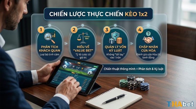 Chiến lược thực chiến kèo 1x2 là gì với 4 bước: phân tích khách quan, hiểu value bet, quản lý vốn kỷ luật, chấp nhận cửa hòa.