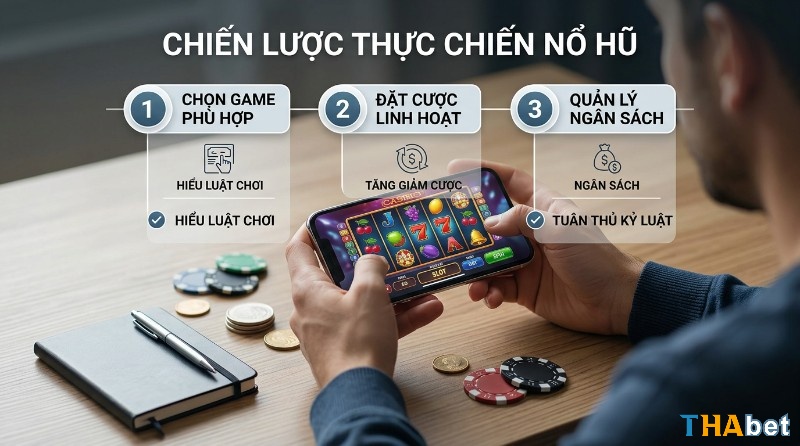 Chiến lược thực chiến nổ hũ kinh nghiệm quay với 3 trụ cột: chọn game, đặt cược linh hoạt, quản lý ngân sách. Người chơi đang quay slot trên điện thoại, có chip và tiền xu