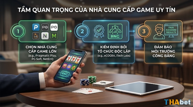 Tầm quan trọng nhà cung cấp game uy tín: Chọn Pragmatic Play, PG Soft, NetEnt, kiểm định RNG độc lập, đảm bảo kết quả công bằng, ngẫu nhiên